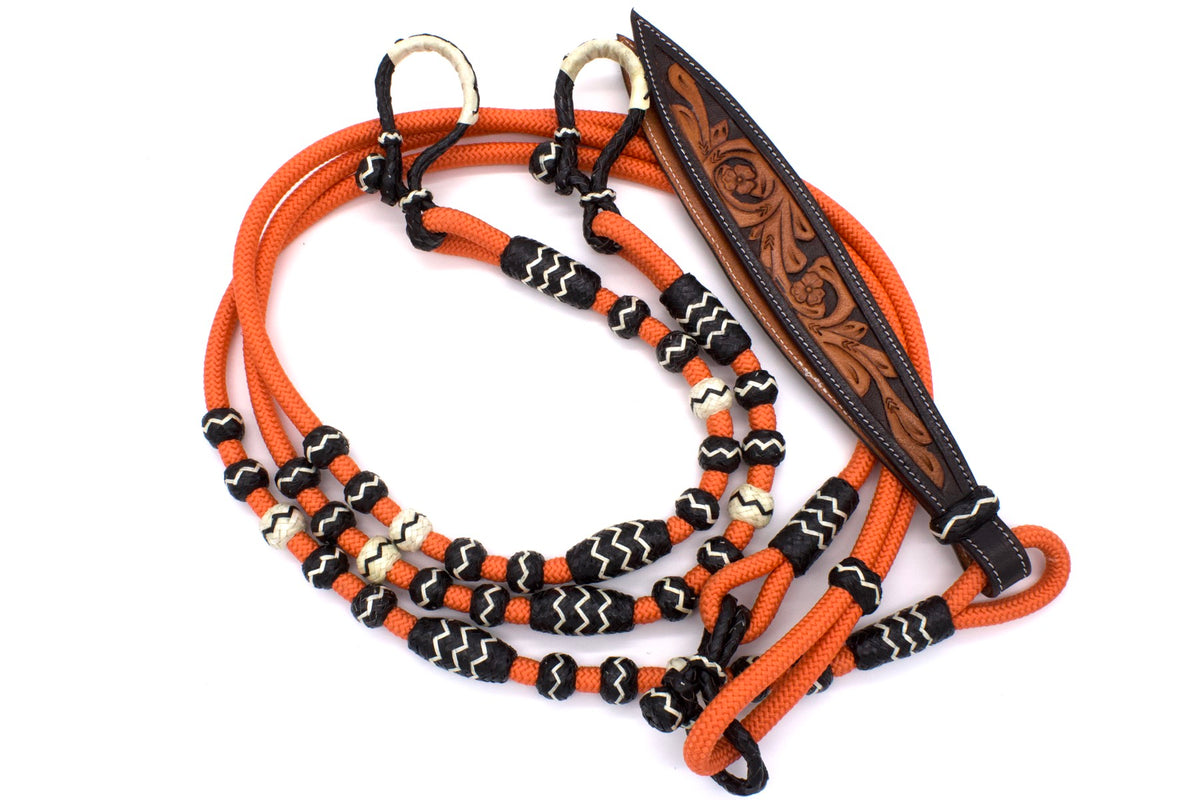 Rênes romal en nylon cuivre et orange, boutons en cuir brut