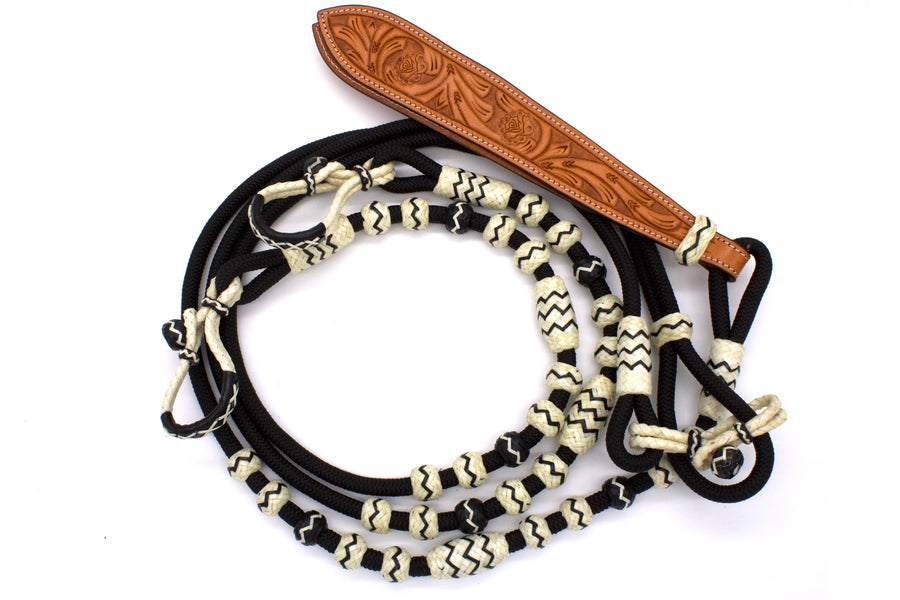 Rênes romal en nylon noir, boutons en cuir brut, mèche estampée