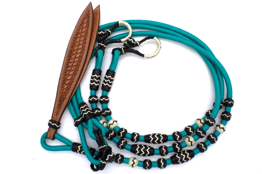Rênes romal en nylon turquoise, boutons en cuir brut, mèche estampée