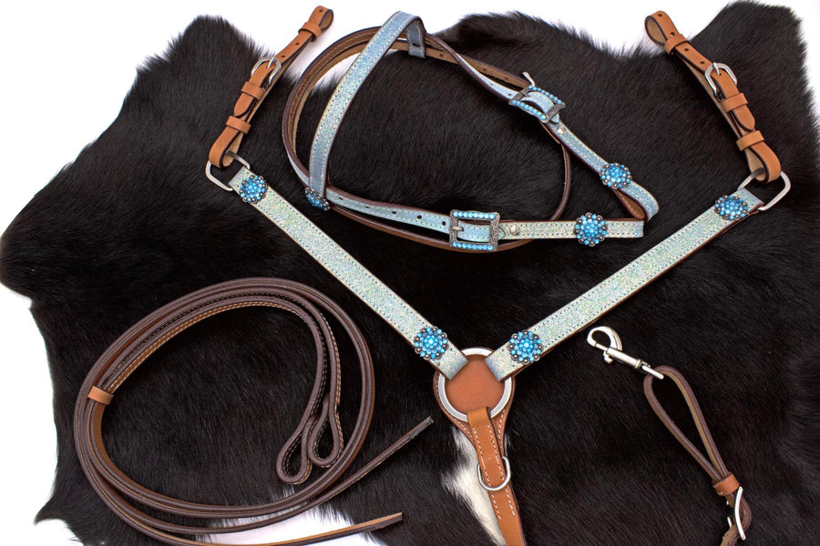 Ensemble western pailleté turquoise taille poney, bridon, collier et rênes