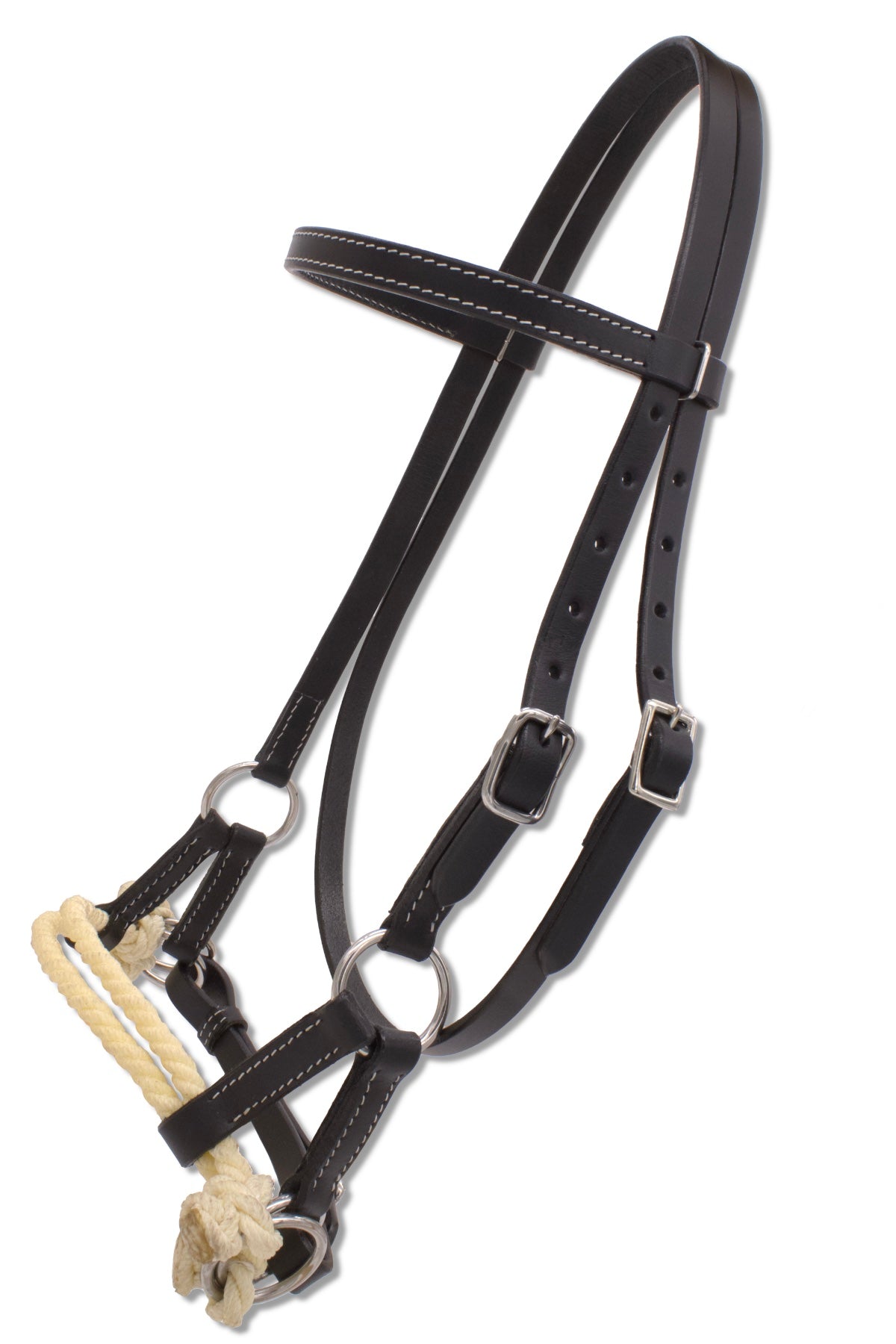 Side-pull western noir à muserolle en corde de cuir brut