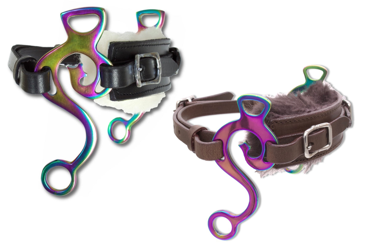Hackamore western en S irisé, muserolle rembourrée, cuir marron ou noir