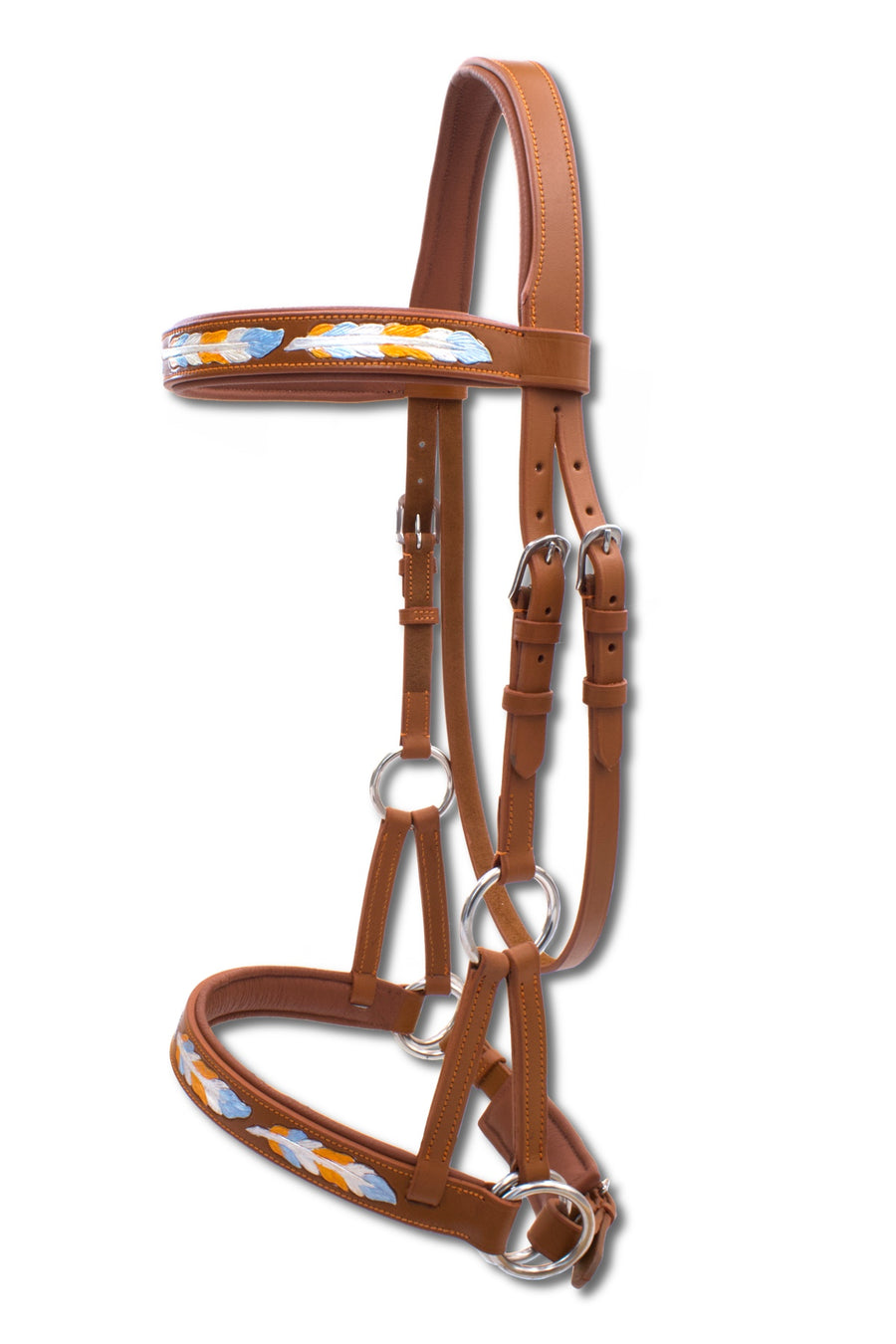Side-pull western rembourré anatomique, plumes peintes, cuir cognac