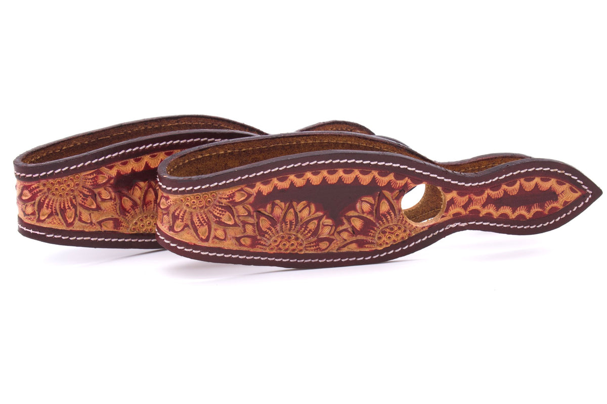 Slobber straps en cuir rouge-brun estampé floral, petite ou grande