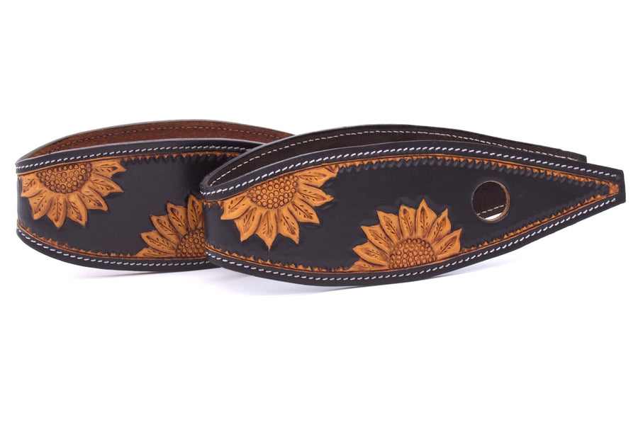 Slobber straps en cuir noir estampé tournesols, petite ou grande taille