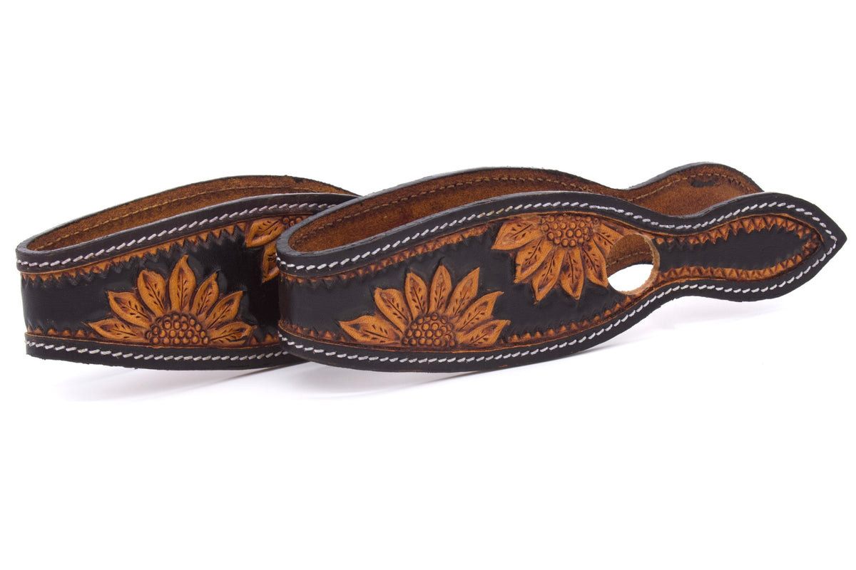 Slobber straps en cuir noir estampé tournesols, petite ou grande taille