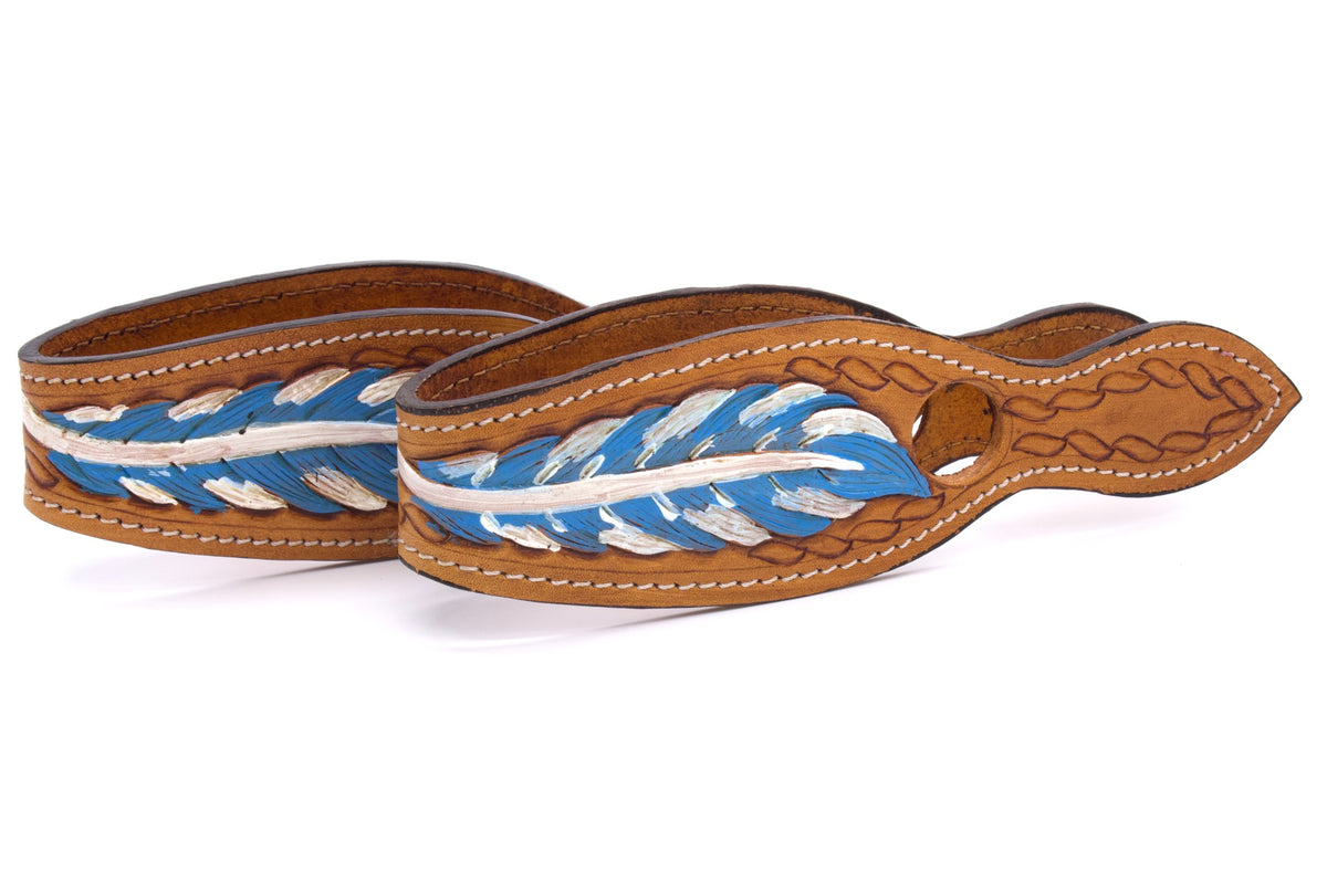 Slobber straps en cuir peint d'une plume bleue et blanche