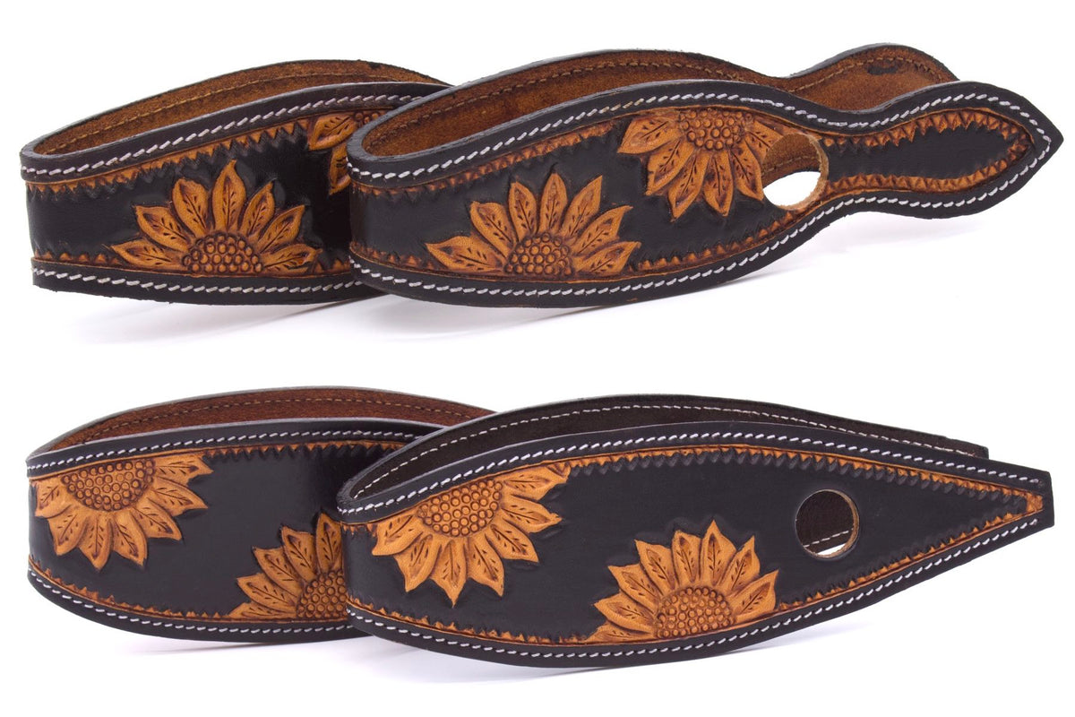 Slobber straps en cuir noir estampé tournesols, petite ou grande taille