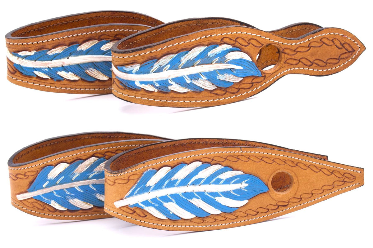 Slobber straps en cuir peint d'une plume bleue et blanche