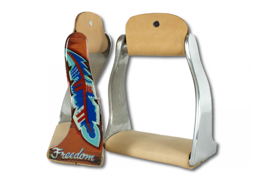 Étriers western twisted « Freedom » motif plume, aluminium et cuir