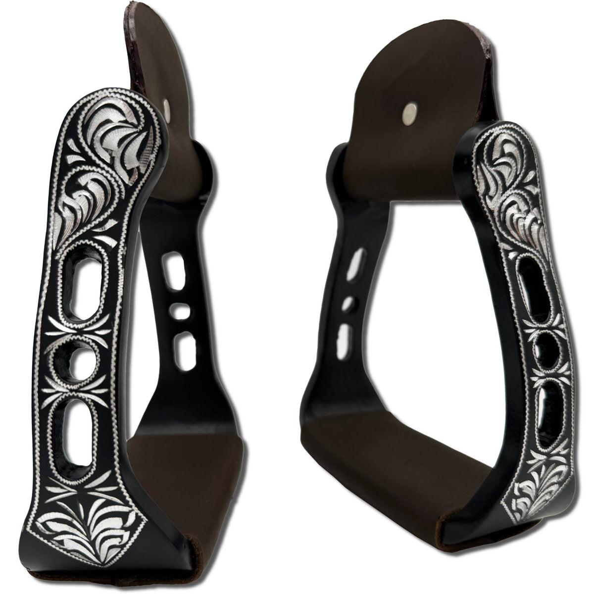 Étriers western en aluminium noir gravé, cuir marron foncé, la paire