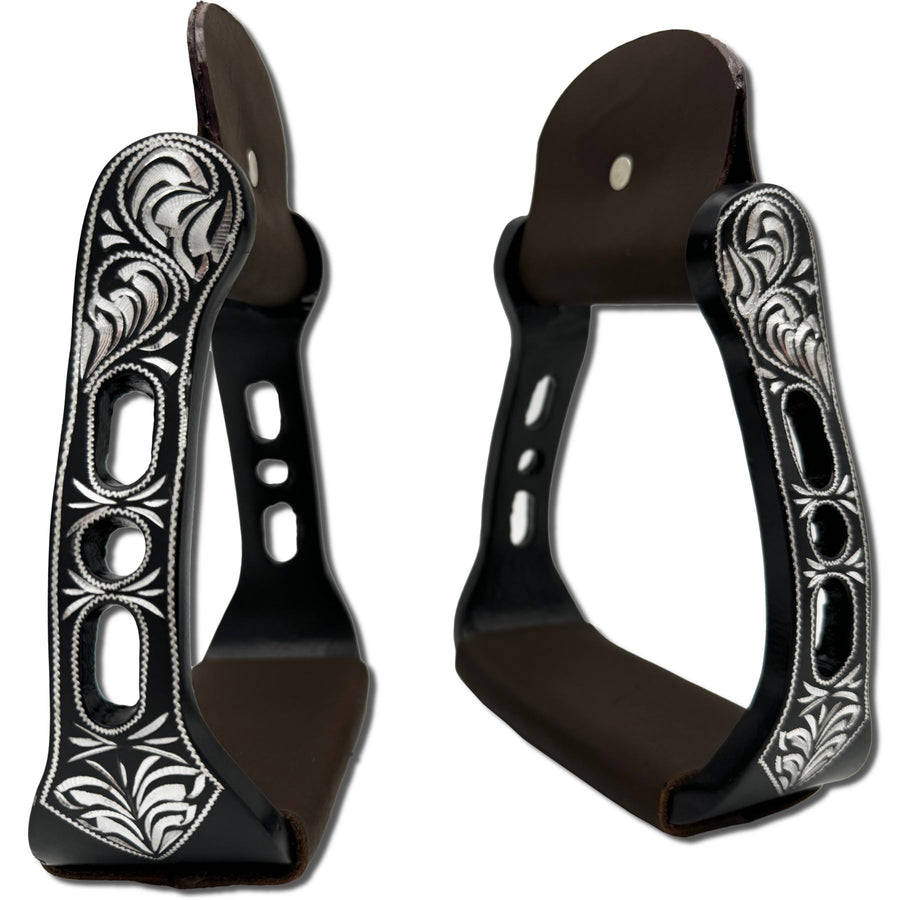 Étriers western en aluminium noir gravé, cuir marron foncé, la paire