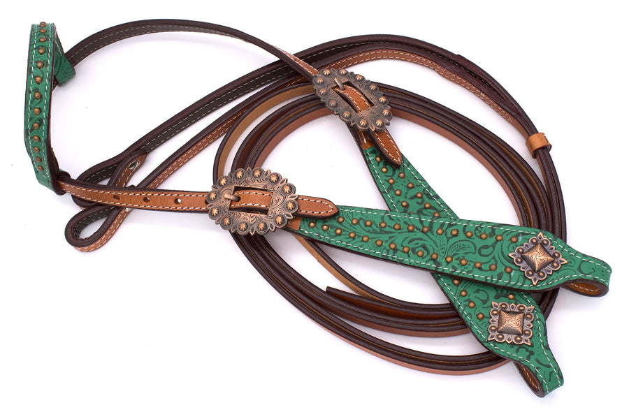 Bridon western une oreille à motif vert, boucles cuivre, avec rênes