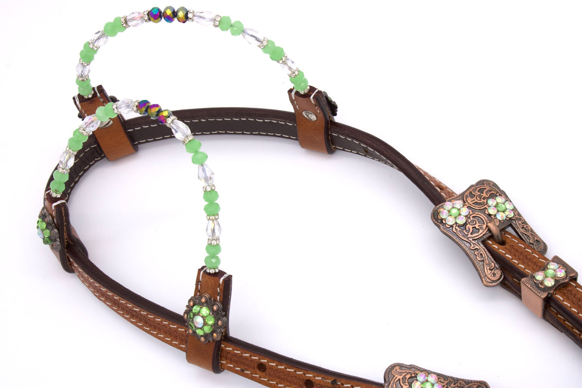 Bridon western deux oreilles marron, passants perlés vert clair
