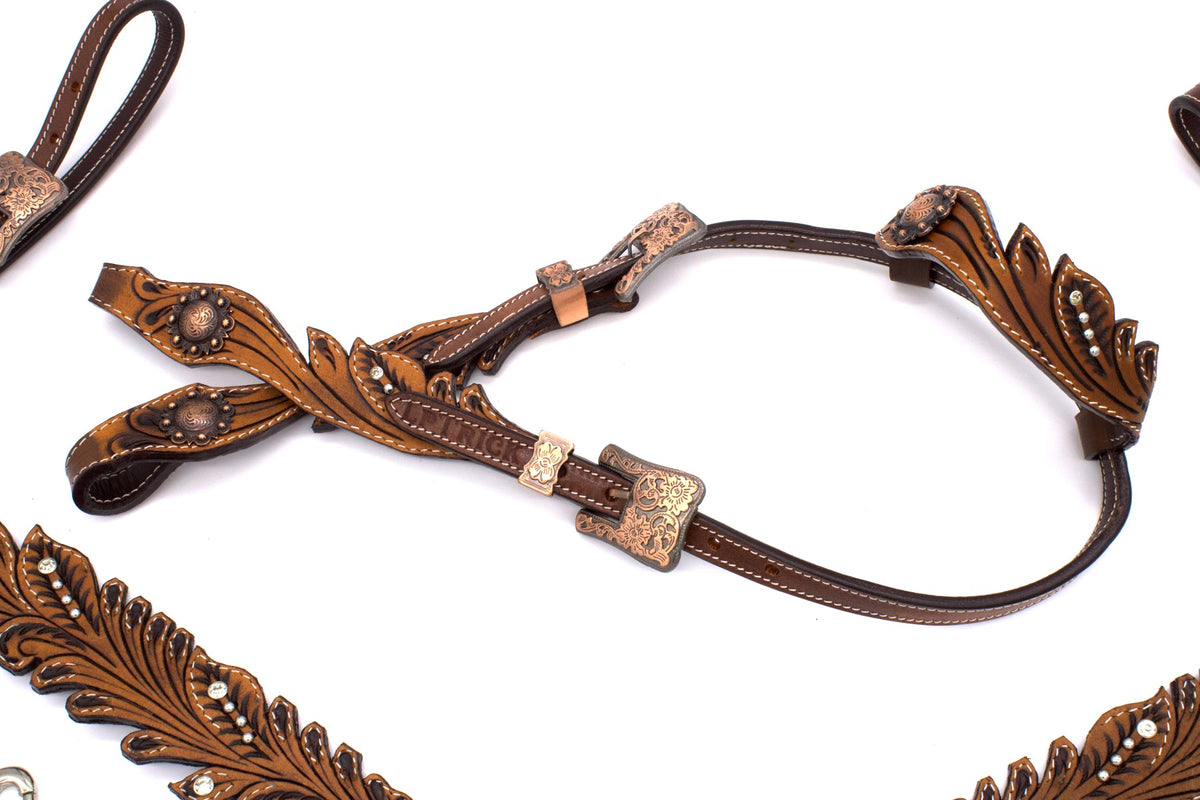 Ensemble western vintage une oreille marron foncé, strass, rênes décorées