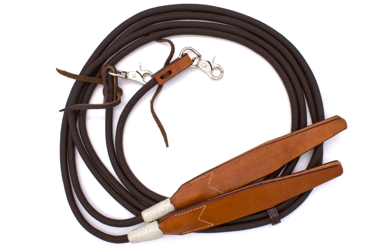 Rênes western fermées en nylon tressé, mèche en cuir marron, 2,4 m