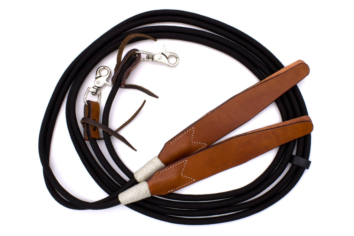 Rênes western fermées en nylon tressé, mèche en cuir marron, 2,4 m