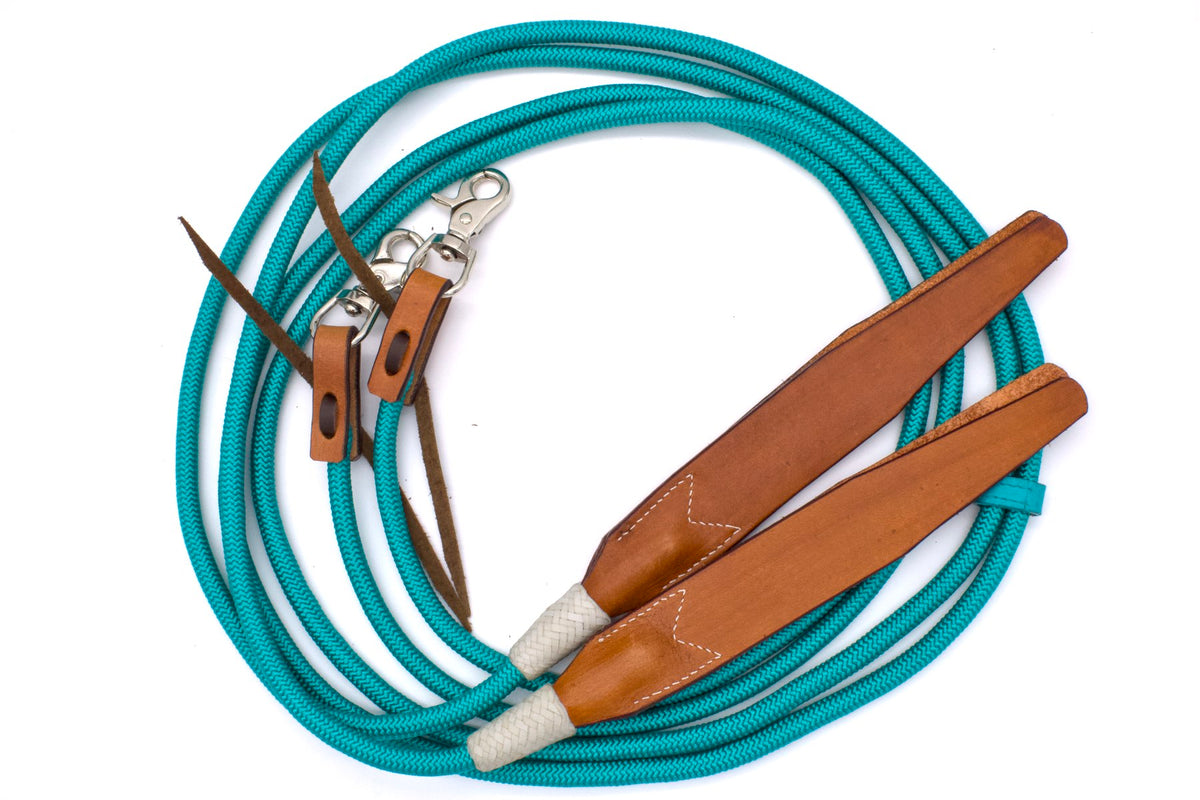 Rênes western fermées en nylon tressé, mèche en cuir marron, 2,4 m