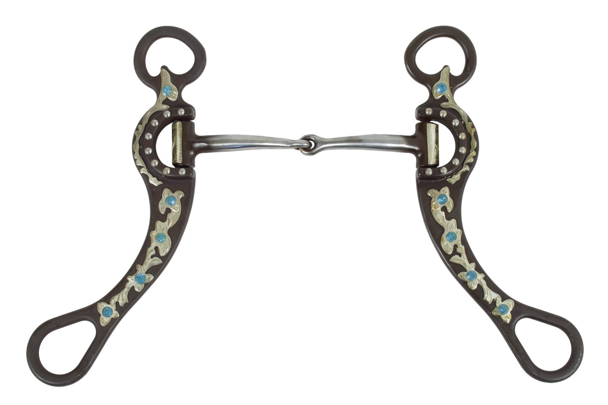 Mors western de show à branches, strass bleus, inserts cuivre, 12,5 cm