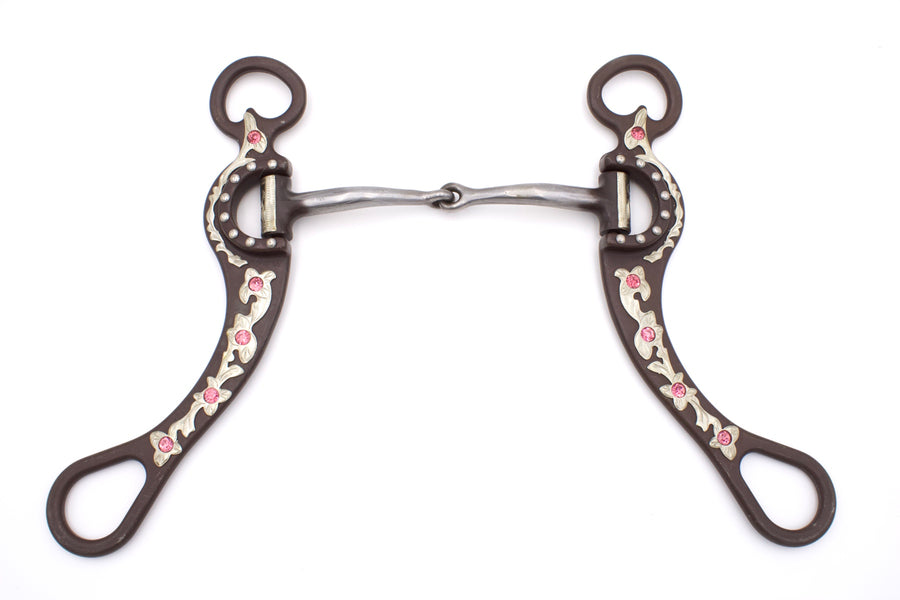 Mors western de show à branches, strass roses, inserts cuivre, 12,5 cm