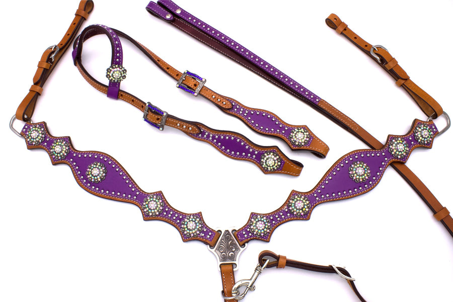 Ensemble western violet : bridon une oreille, collier de chasse et rênes