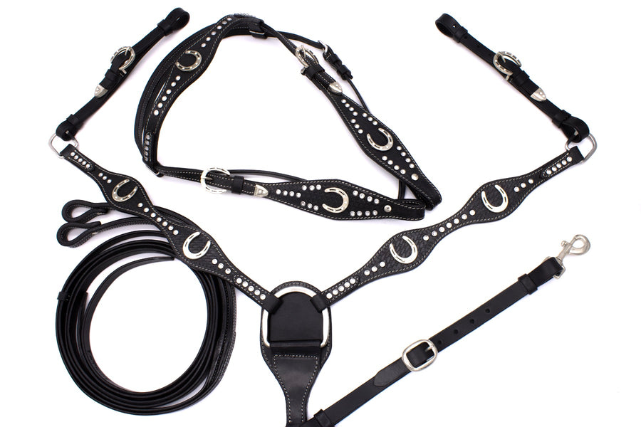 Ensemble western noir strass clairs, conchos fers à cheval, avec rênes
