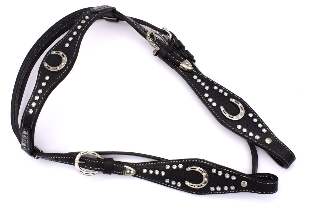 Ensemble western noir strass clairs, conchos fers à cheval, avec rênes
