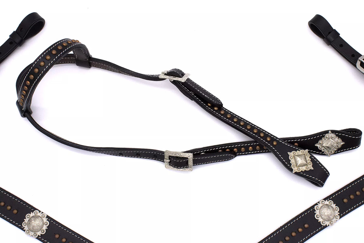 Ensemble western noir une oreille et collier, rivets cuivre, conchos argent