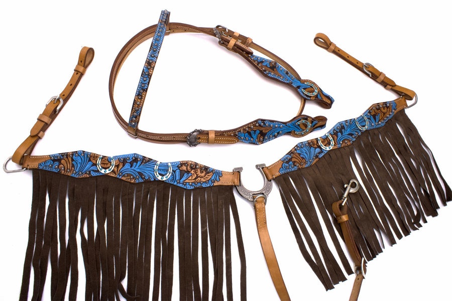 Ensemble western bridon et collier peints turquoise, conchos fers à cheval