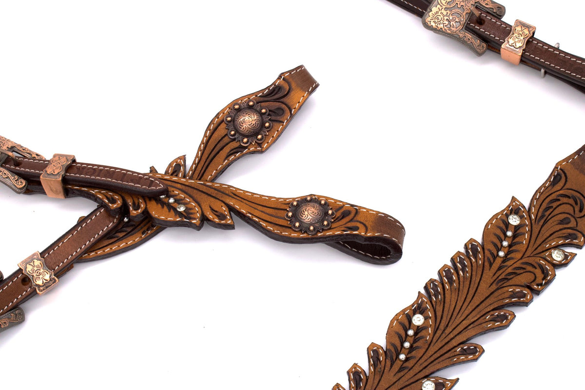Ensemble western vintage une oreille marron foncé, strass, rênes décorées