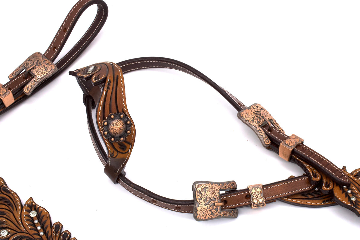 Ensemble western vintage une oreille marron foncé, strass, rênes décorées
