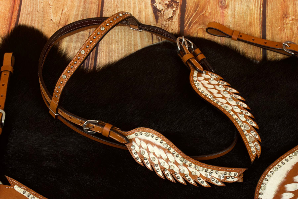 Ensemble western Wings blanc : bridon et collier en forme d'ailes, strass