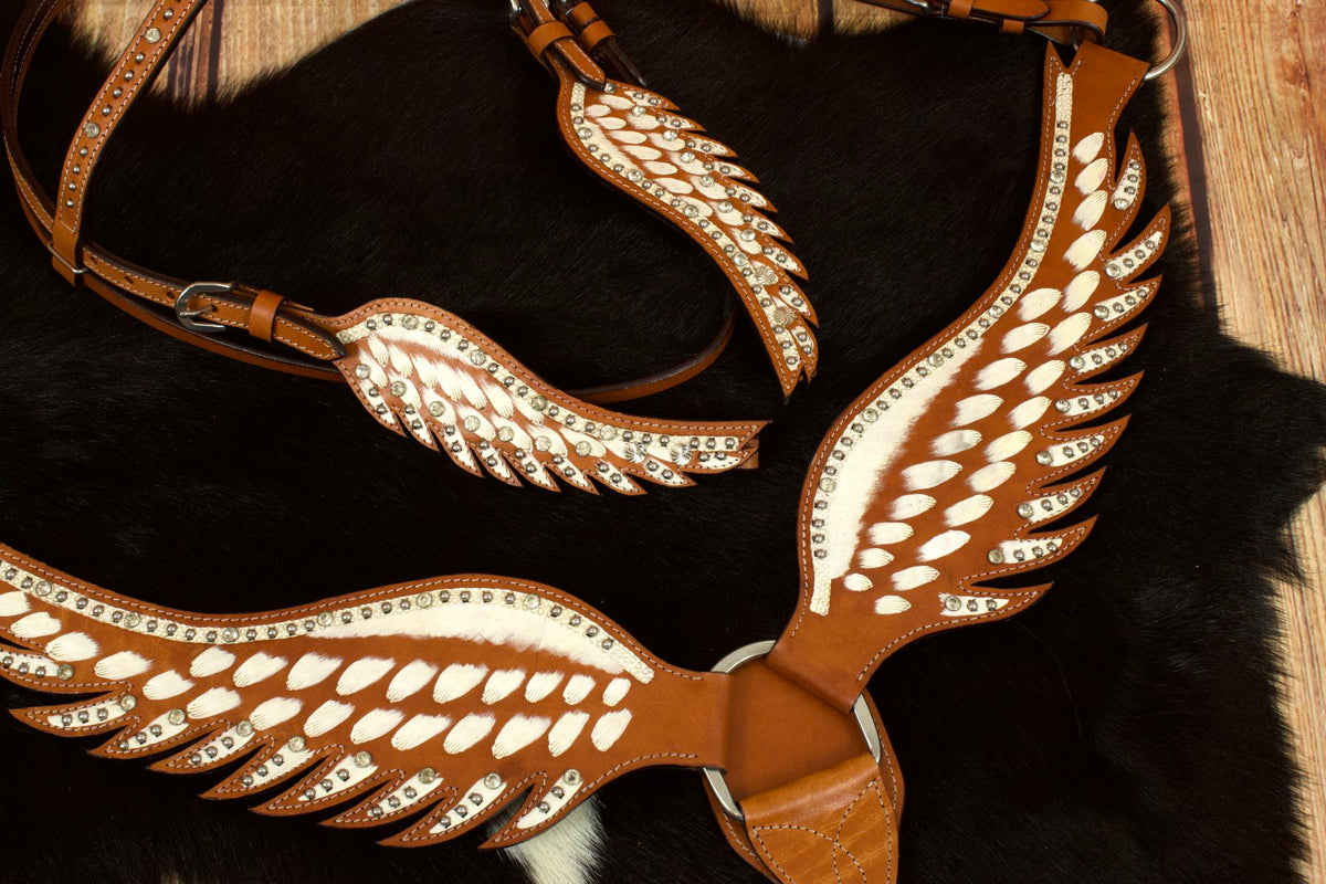 Ensemble western Wings blanc : bridon et collier en forme d'ailes, strass