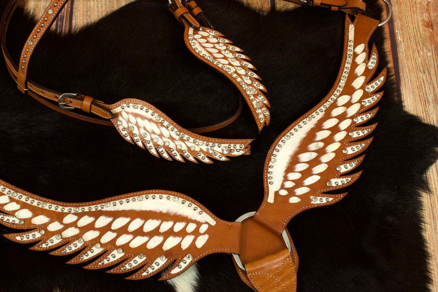 Ensemble western Wings blanc : bridon et collier en forme d'ailes, strass