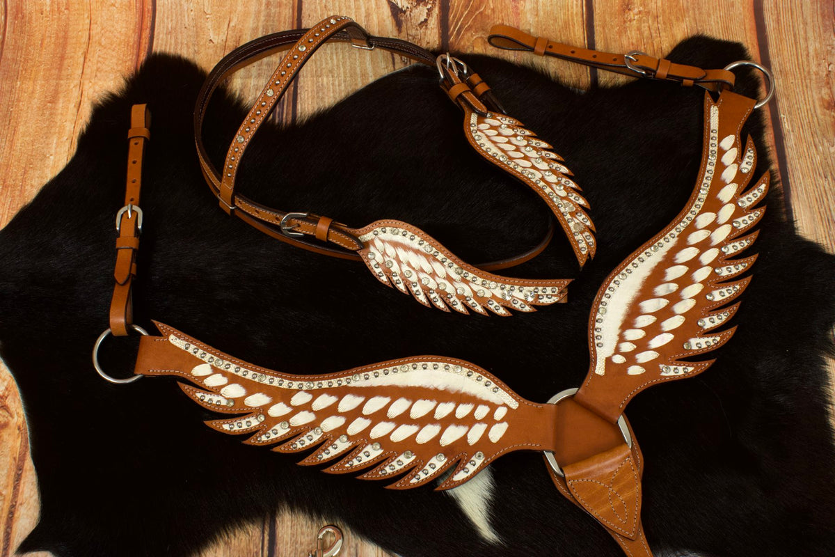 Ensemble western Wings blanc : bridon et collier en forme d'ailes, strass