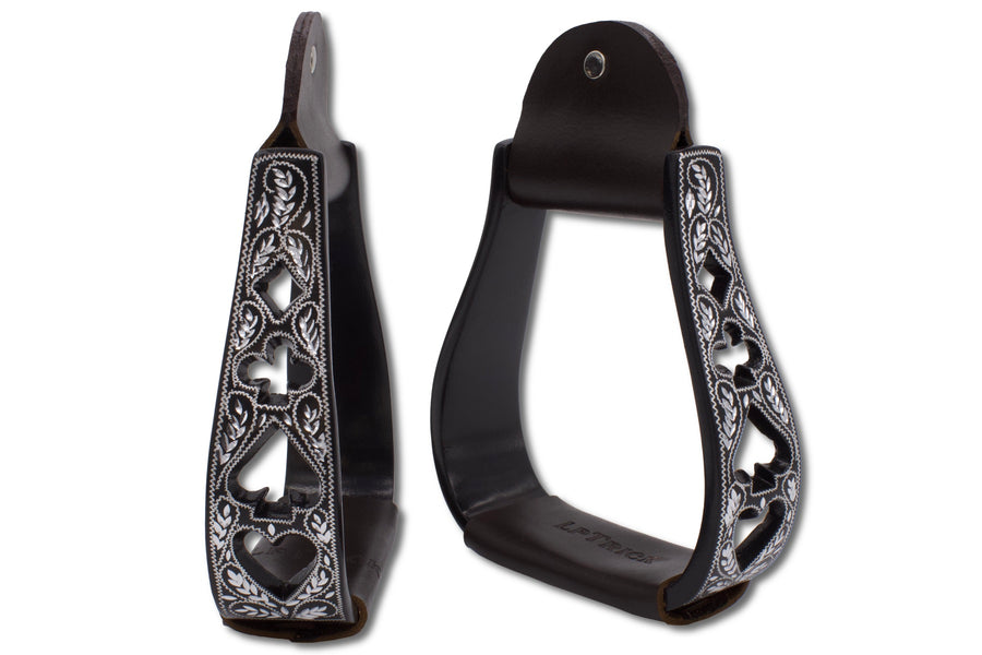 Étriers western aluminium noir gravé, découpe motif poker, la paire