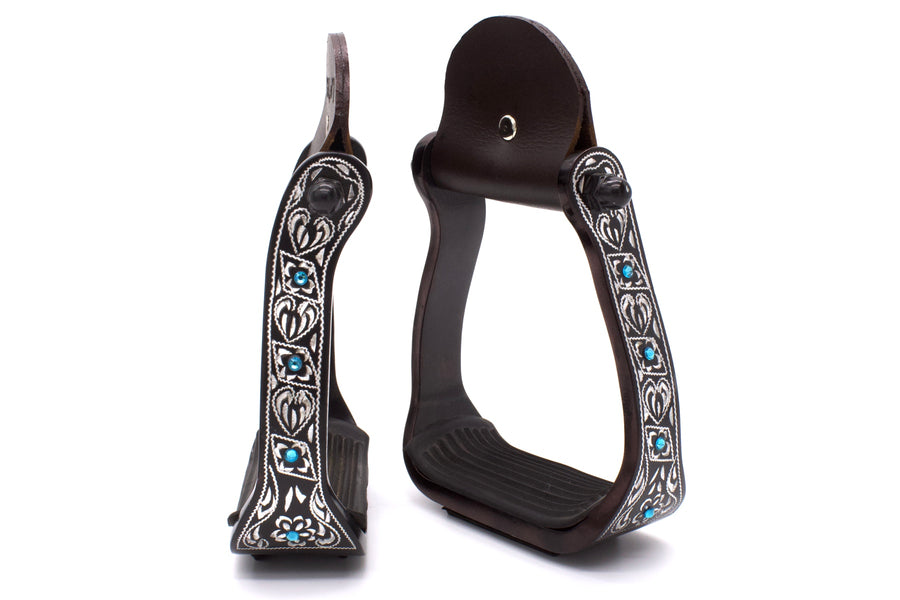 Étriers western aluminium noir gravé argent et pierres turquoise