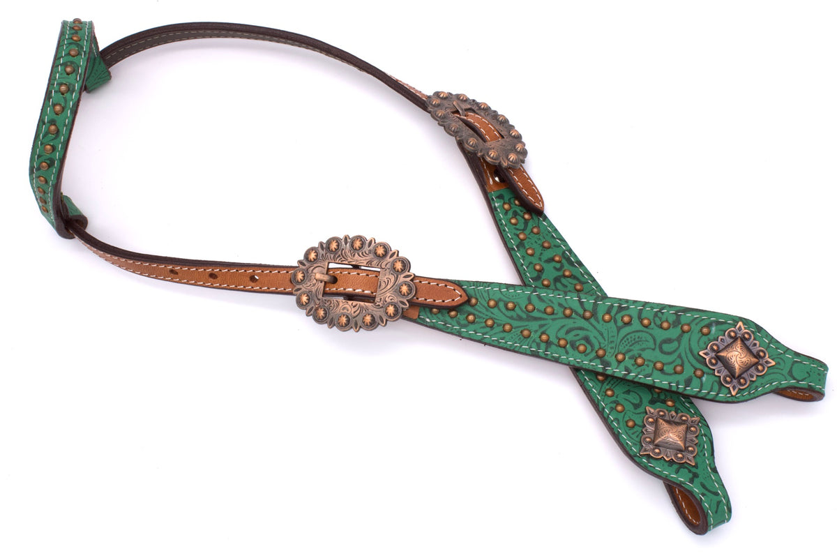 Bridon western une oreille à motif vert, boucles cuivre, avec rênes
