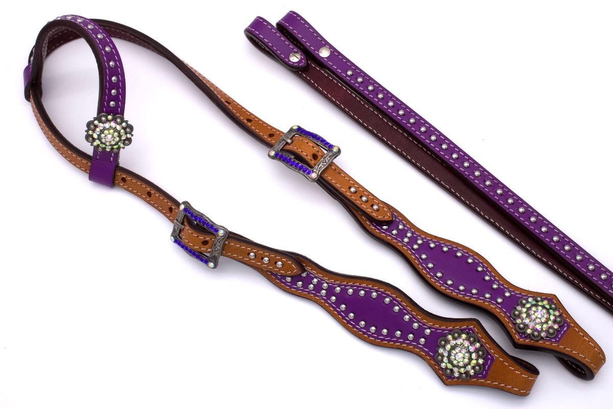 Bridon western une oreille violet avec conchos strass et split reins