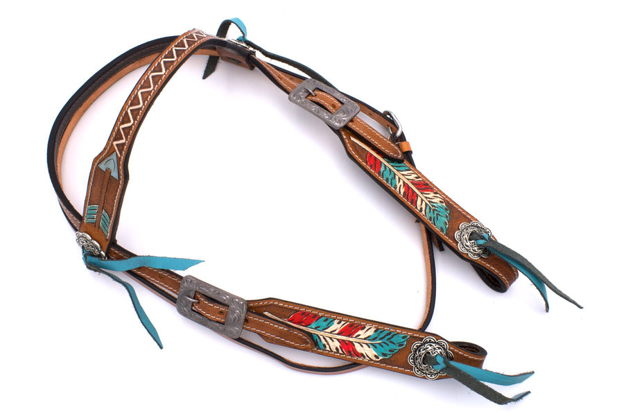 Bridon western frontal décor plumes et flèches, conchos rubans bleus