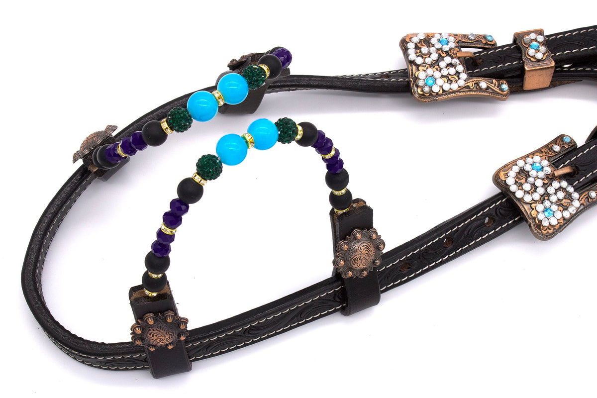 Bridon western deux oreilles noir estampé, strass turquoise, perles