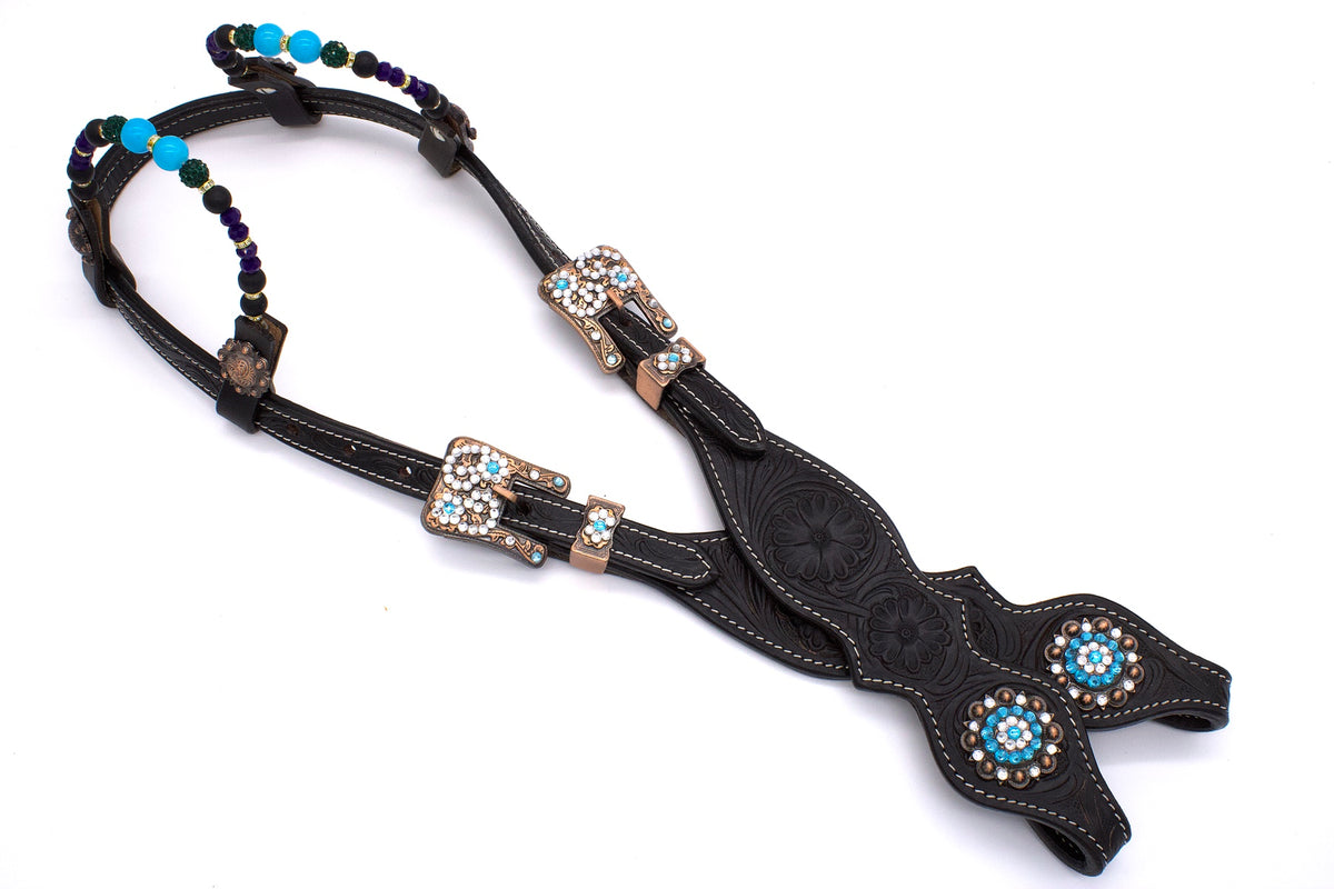 Bridon western deux oreilles noir estampé, strass turquoise, perles