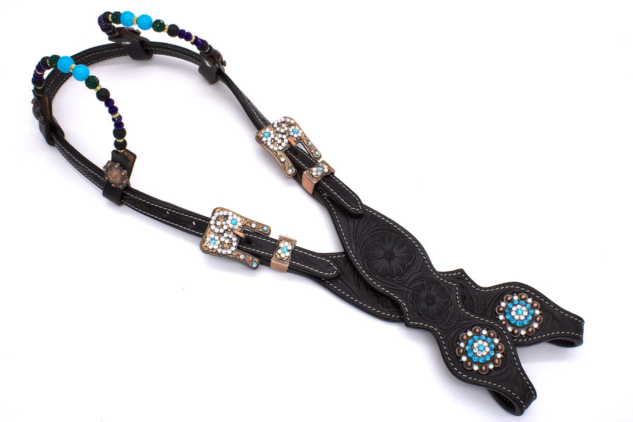 Bridon western deux oreilles noir estampé, strass turquoise, perles