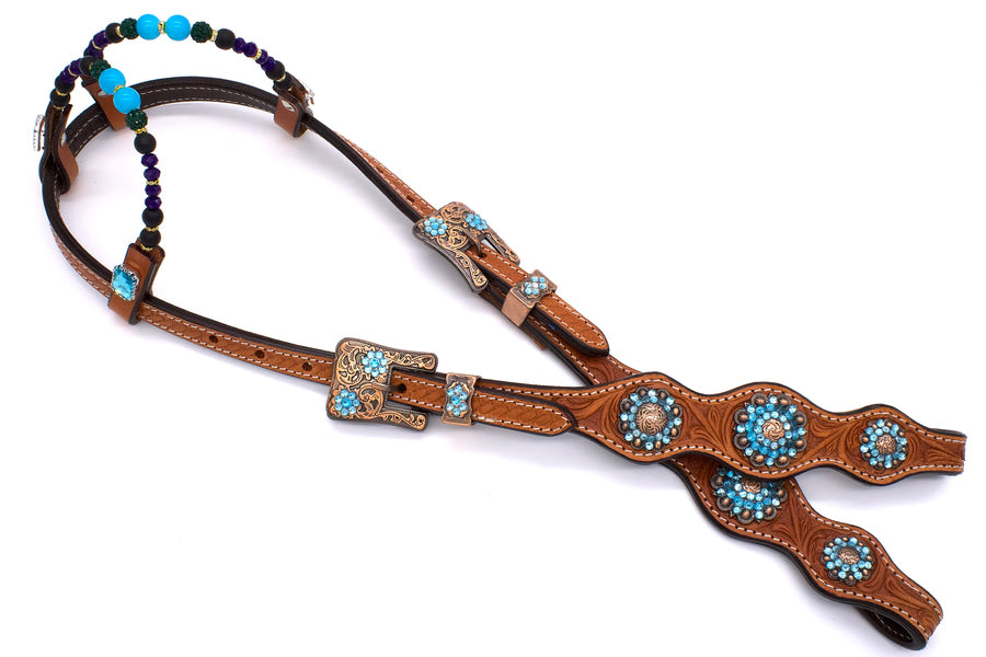 Bridon western deux oreilles marron clair, strass turquoise, perles