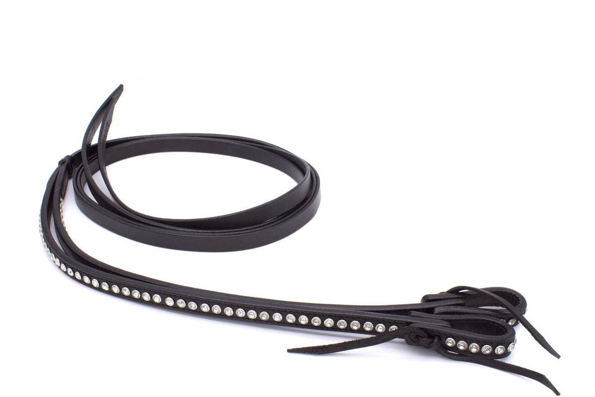 Split reins tout noir à strass, cuir harness, water loops, 220 cm