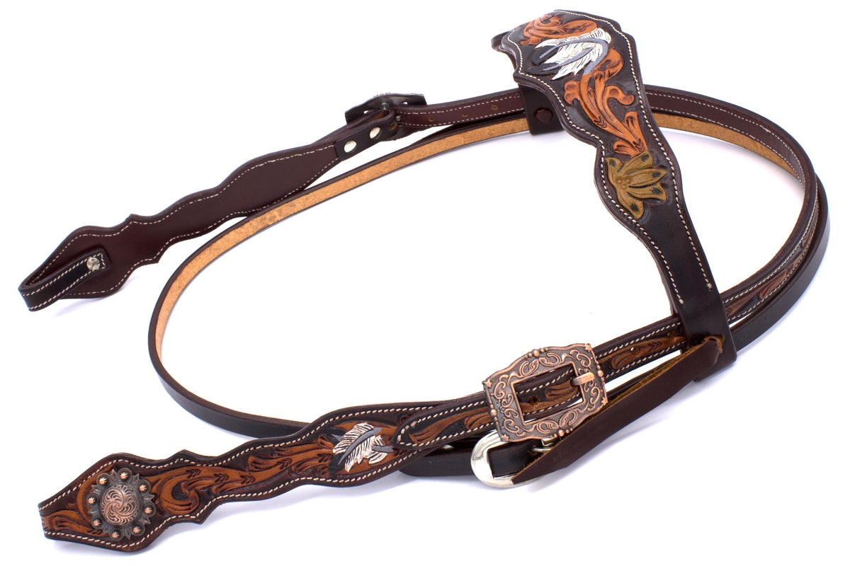 Bridon western cuir américain chocolat estampé main, plumes blanches