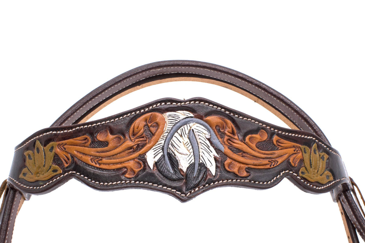 Bridon western cuir américain chocolat estampé main, plumes blanches