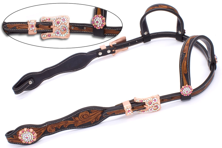 Bridon western deux oreilles Crystal, ferrures or rose et strass